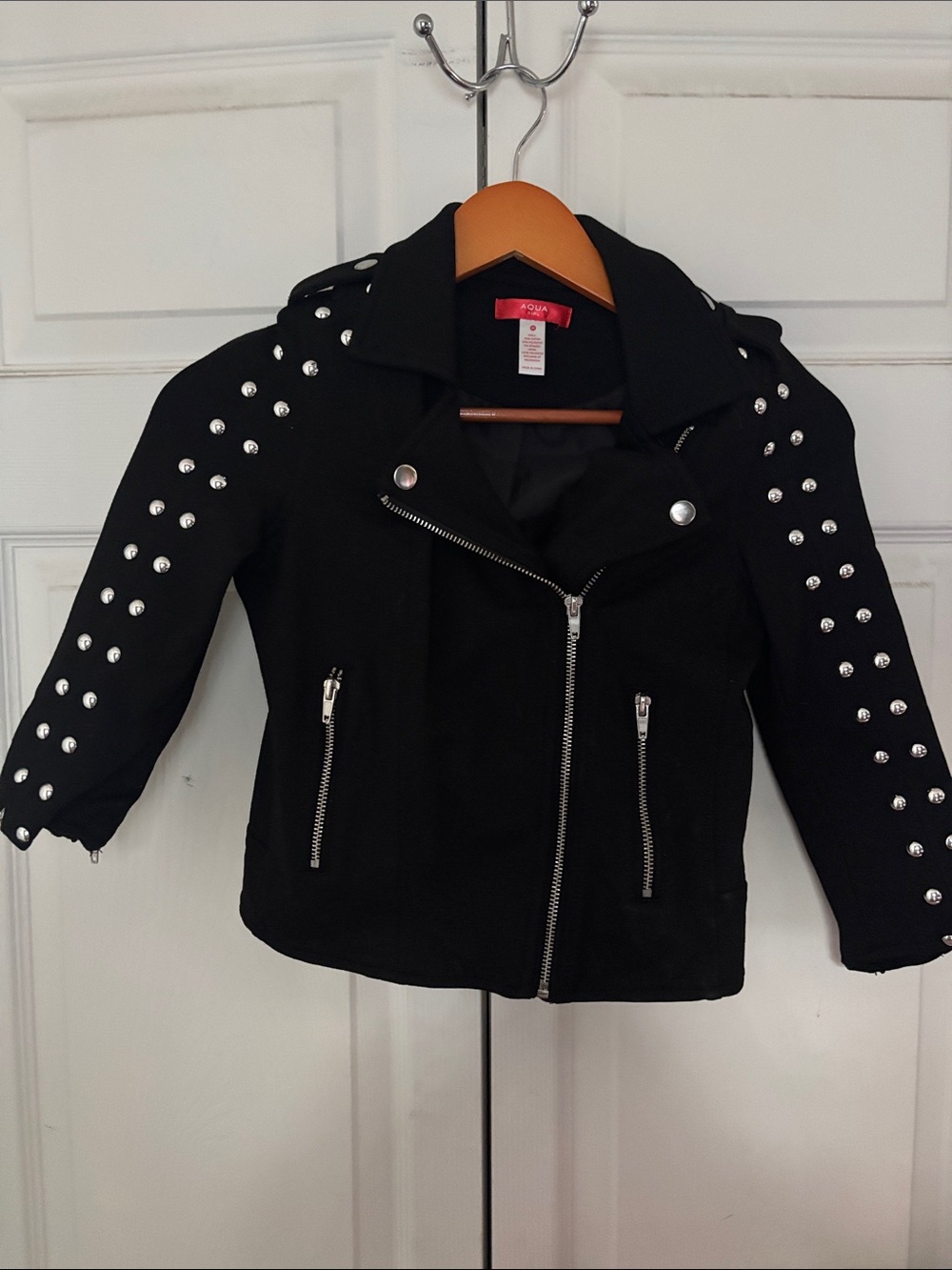 Aqua Black Studded Moto-Style Kids Jacket